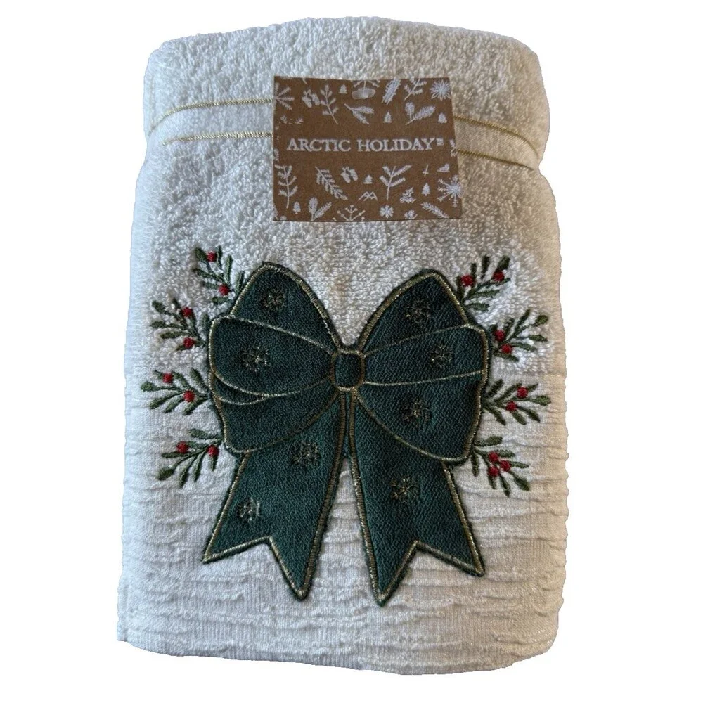 Arctic Holiday Christmas Hand Towels Velvet Green Bow Mistletoe 2 Pc Embroidered